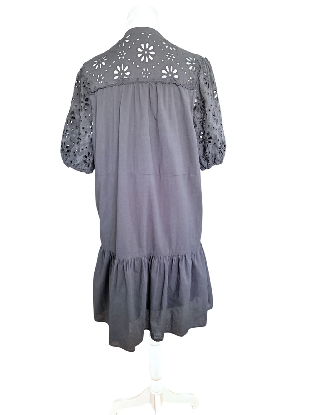 Ellen Tracy Black Eyelet Button-V Front Puffed Sleeve Boho Whimsigoth Dress Sz M - Picture 5 of 15